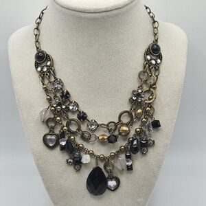 VINTAGE Bronze Tone Multi Layered Black Rhinestone Charm Dangle Necklace